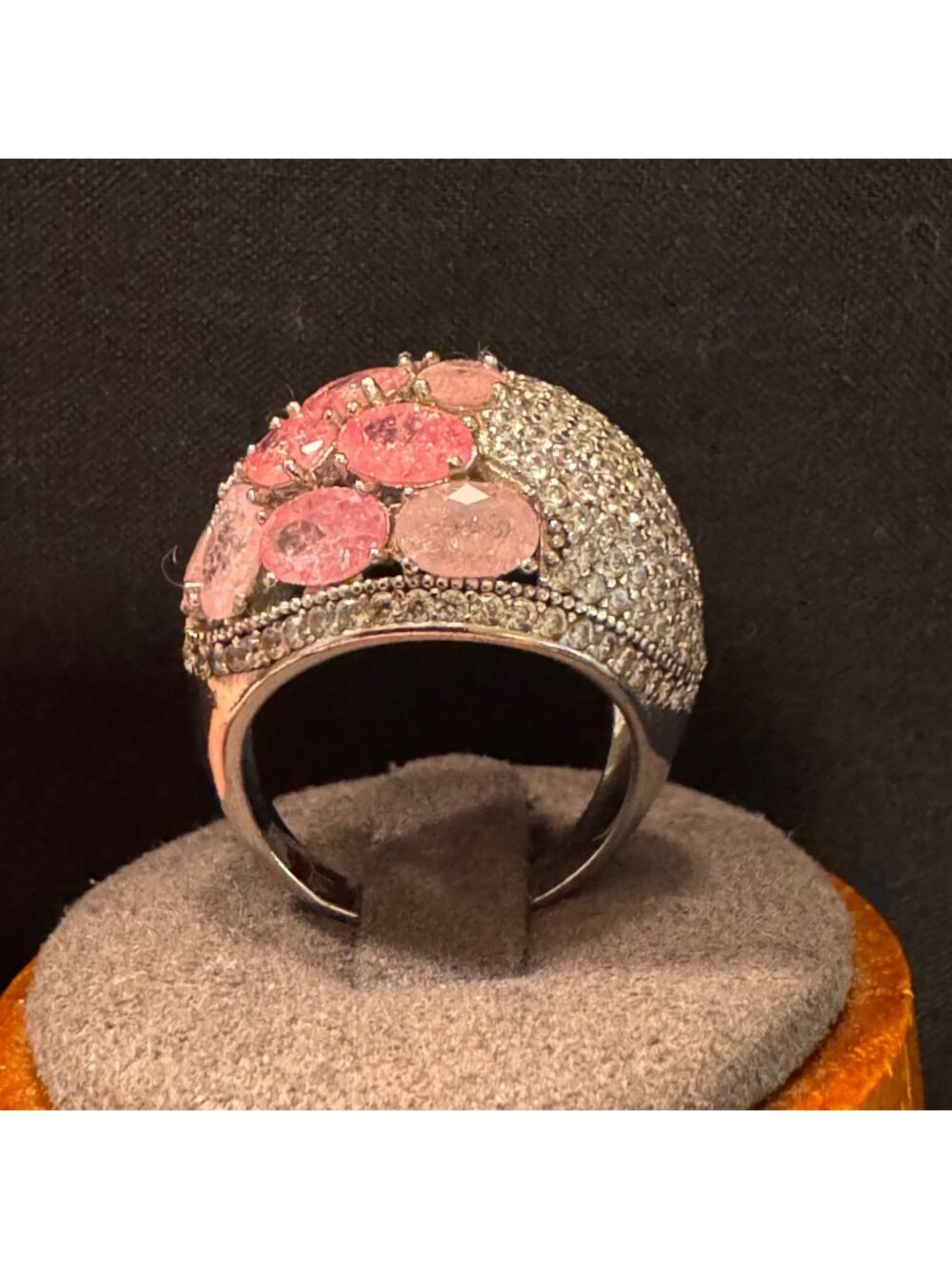 Sterling Silver 925 Pink & White Gemstone Split Shoulder Statement Ring Size 7.5